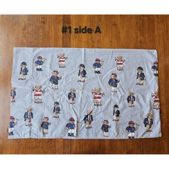 VTG Ralph Lauren Polo Bear Blue White Ticking Stripe Pillowcase X2  100% cotton - Picture 1 of 8